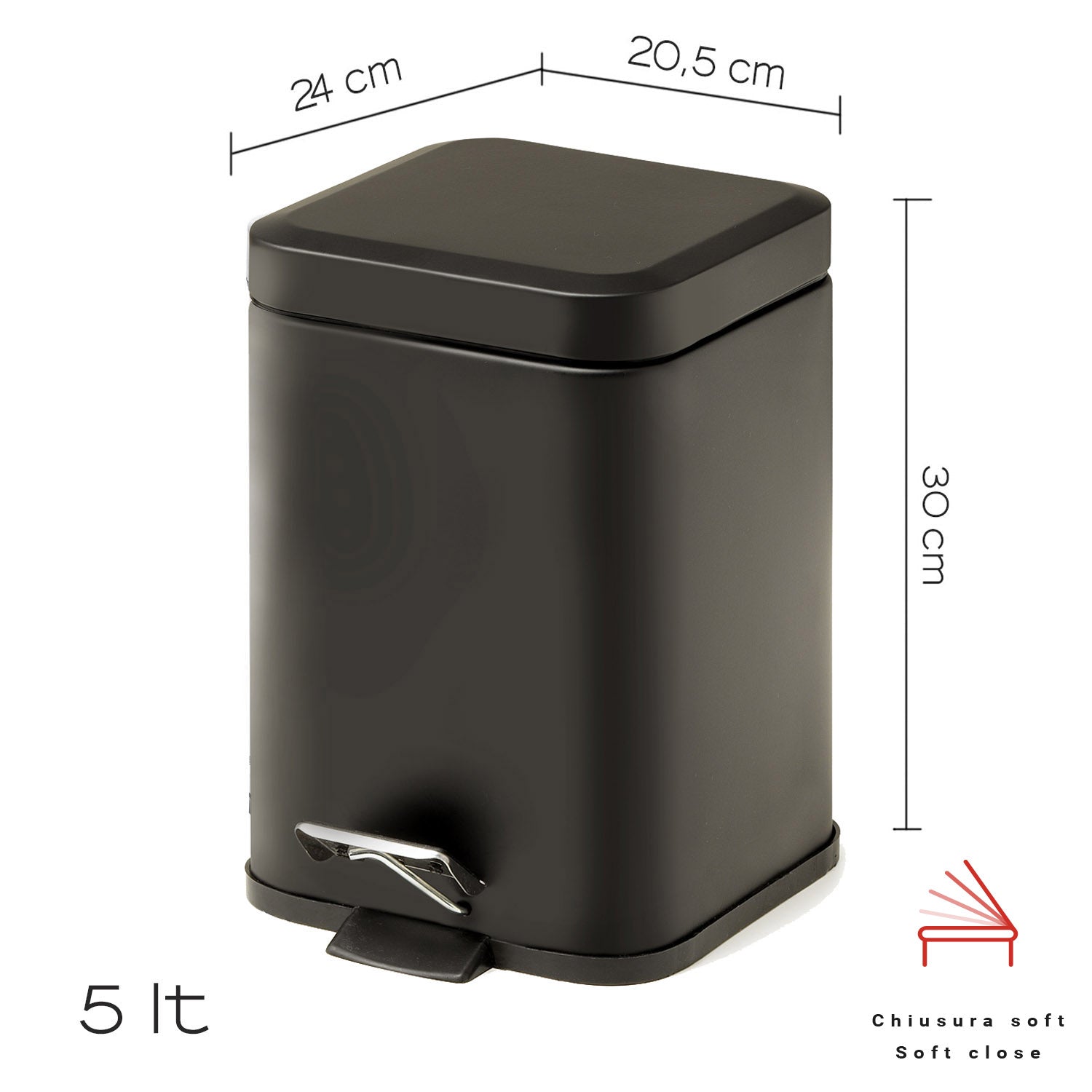 Portarifiuti quadrato 5 lt in Acciaio Inox modello Argenta di Gedy - Nero Matt