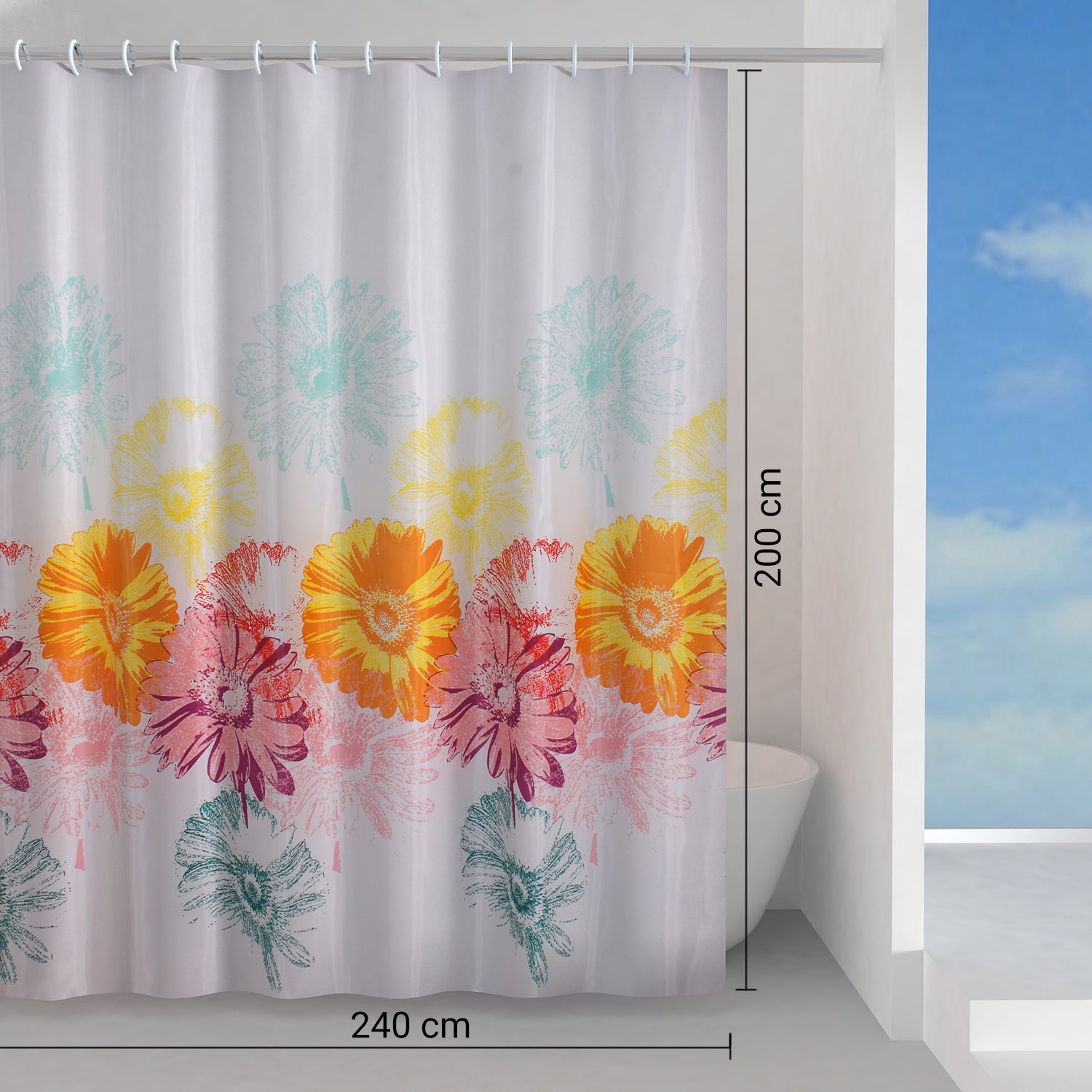 Tenda doccia in tessuto 240x200 cm modello Frenesia di Gedy - Rosa/Giallo/Turchese