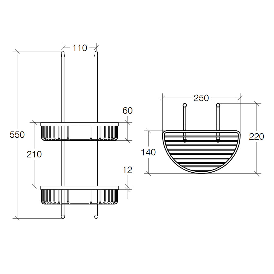 Griglia portaoggetti doccia doppia da appendere con contenitori semicircolari in ottone cromato Lineabeta collezione Filo