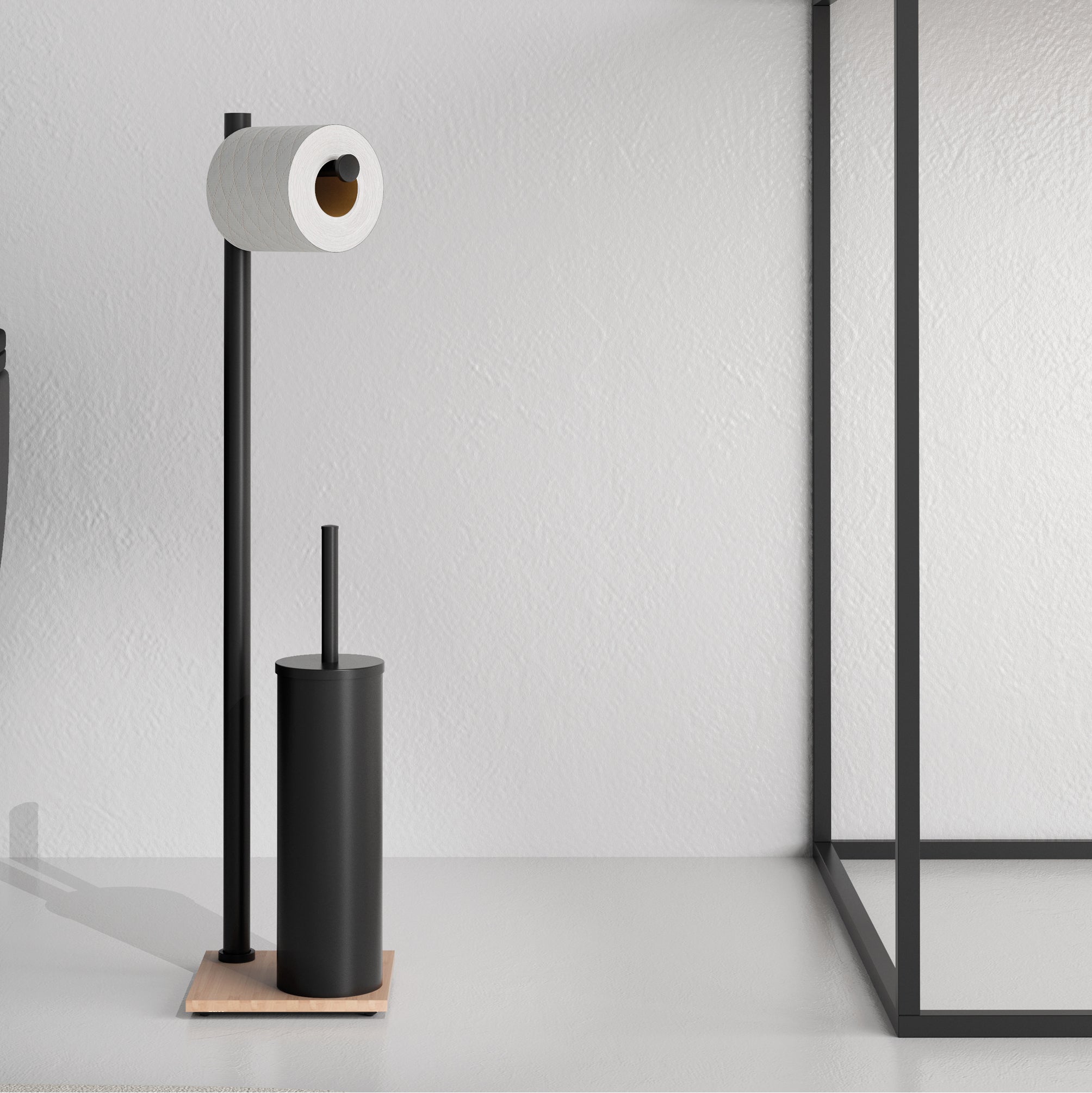 Piantana portarotolo e portascopino modello Trilly in bambu'/nero