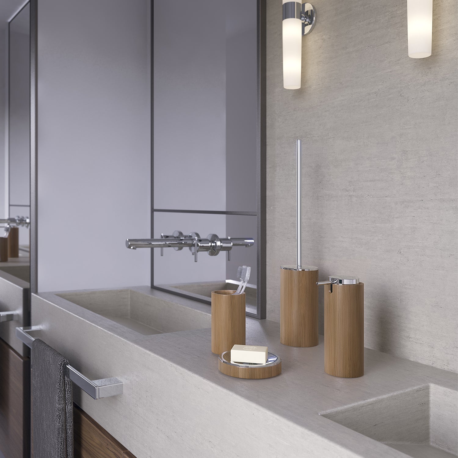 Dispenser sapone in bambÃ¹ con erogatore in plastica cromata Gedy serie Altea - Naturale