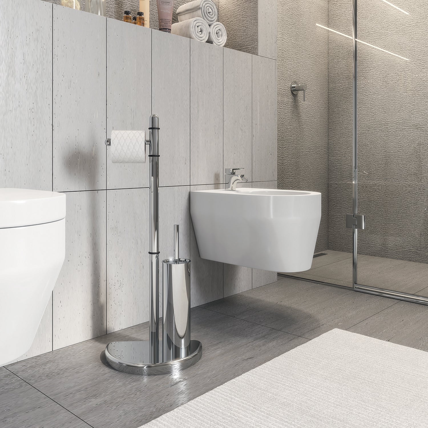 Piantana portarotolo e portascopino modello Hibiscus di Gedy - Cromato