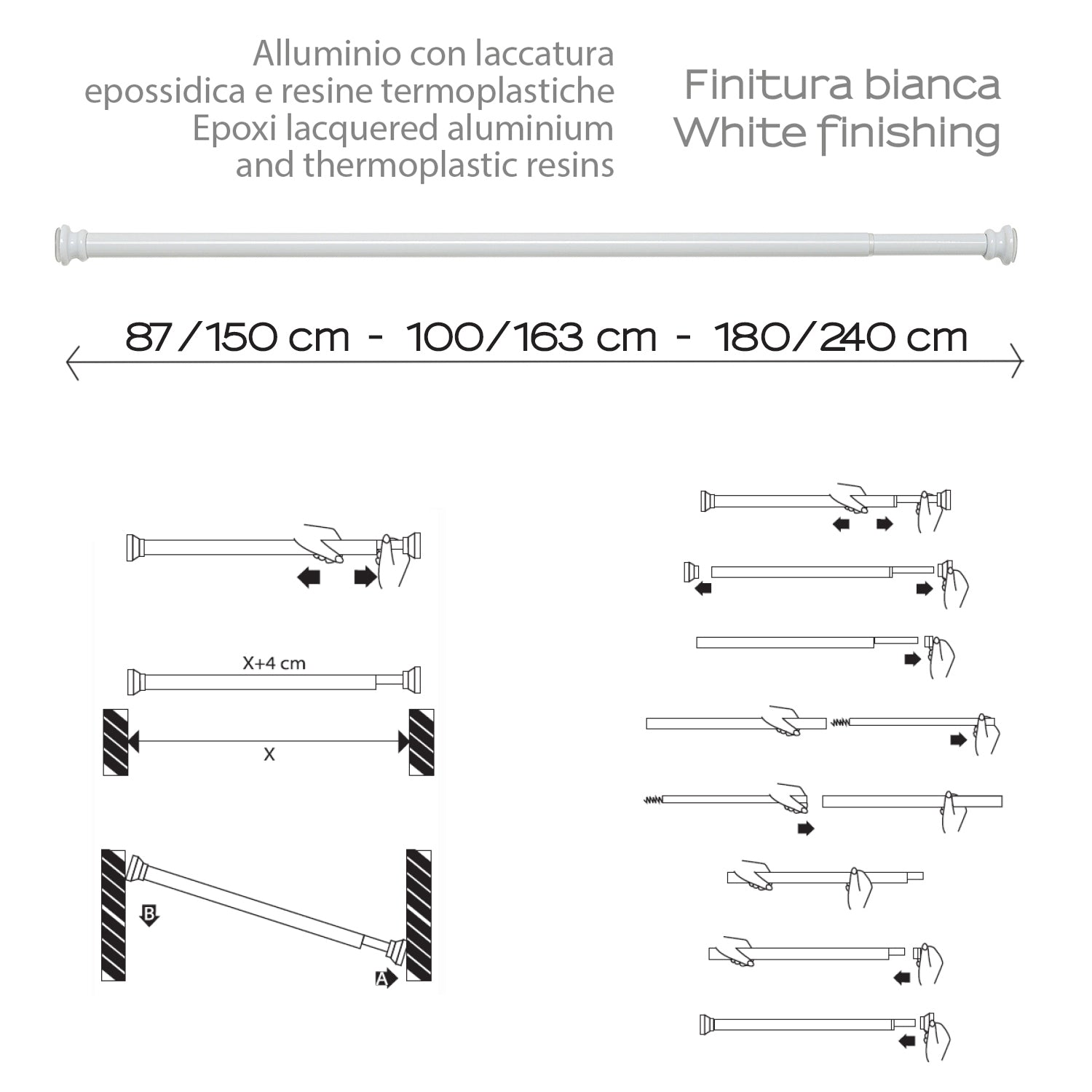 Asta doccia estensibile in alluminio 105/240 cm di Gedy - Bianco