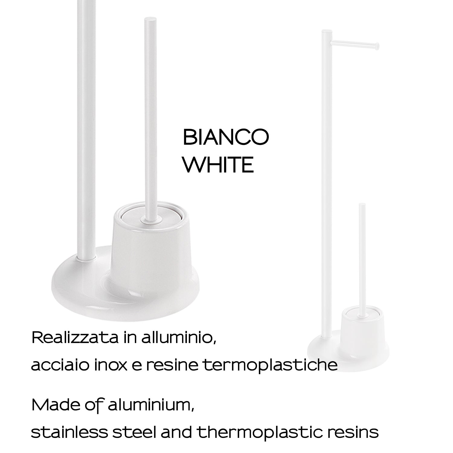 Piantana portarotolo e portascopino in Alluminio e Acciaio Inox modello Mammolo di Gedy - Bianco
