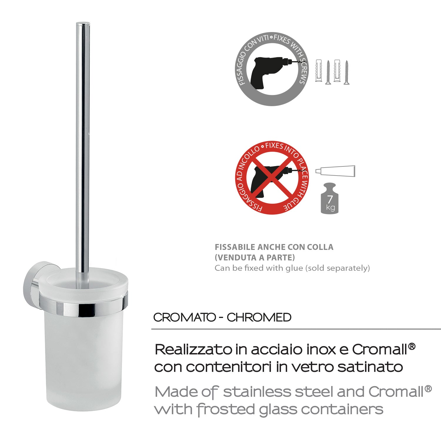 Scopino a muro con ciuffo in setole in Acciaio Inox Eros di Gedy - Cromato