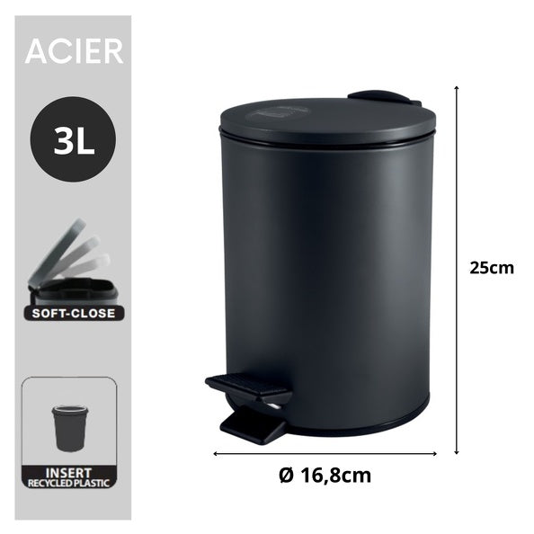 Pattumiera a pedale in Acciaio modello Alder  da 3 Litri colore nero opaco
