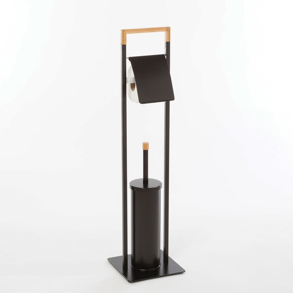 Piantana da bagno con porta rotolo carta igienica e scopino wc in bambÃ¹ e acciaio colore nero opaco