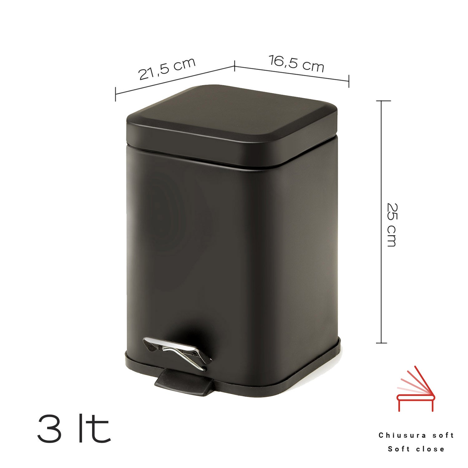 Cestino bagno quadrato 3 lt in Acciaio Inox modello Argenta di Gedy - Nero Matt