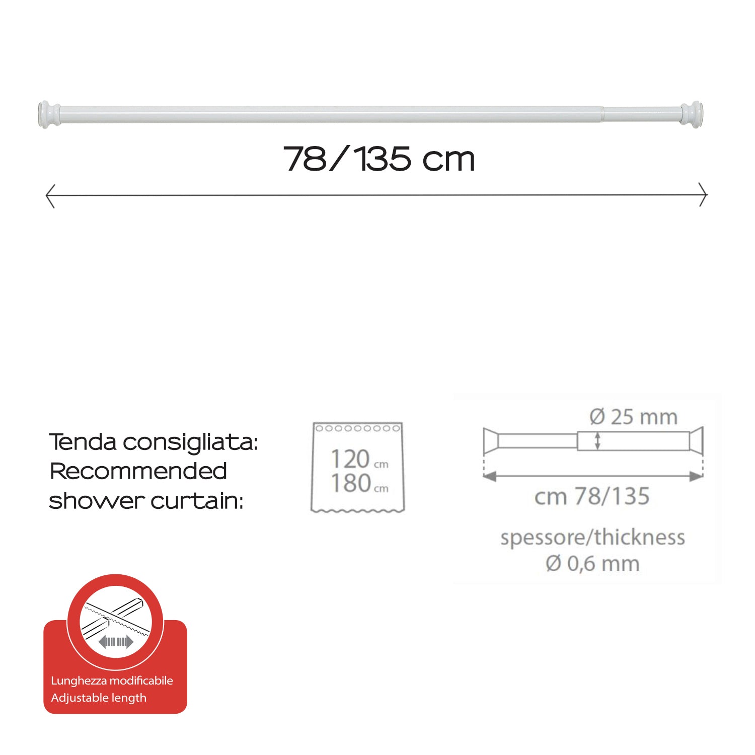 Asta doccia estensibile 80/135 cm in alluminio di Gedy - Bianco